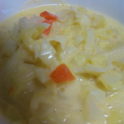 はじめて、コーンスープに挑戦しました！！
キャベツたっぷりの食べるスープになっておいしかったです。
ごちそうさまでした。
